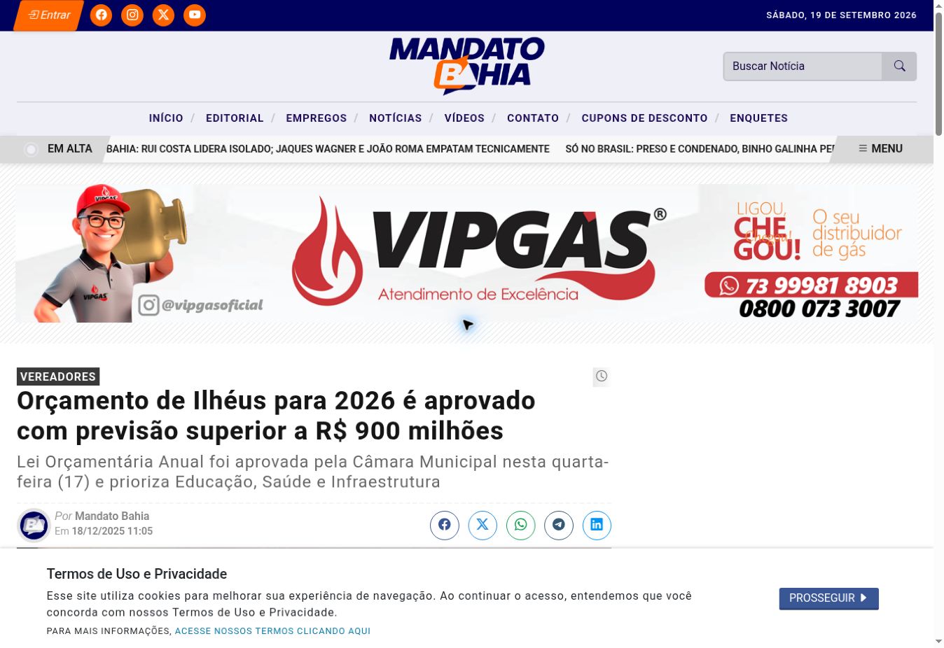 Notícia sobre o orçamento de Ilhéus para 2026