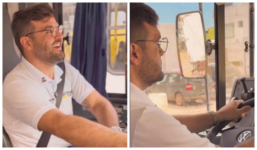 Montagem de duas fotografias de Valderico Júnior dentro de um ônibus.