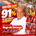 Arte enviada por Albert Queiroz com Nego de Saronga e resultado de 91% de aprovação registrado pelo Instituto INFOP em Itacaré