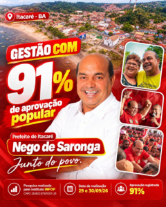 Arte enviada por Albert Queiroz com Nego de Saronga e resultado de 91% de aprovação registrado pelo Instituto INFOP em Itacaré