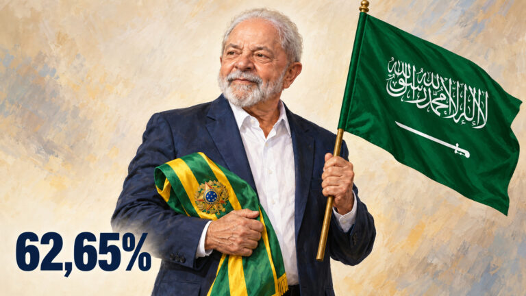 Ilustração editorial gerada por IA de Lula segurando a faixa presidencial brasileira e a bandeira da Arábia Saudita, com 62,65%.