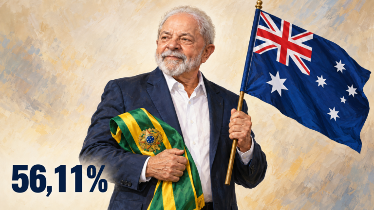 Composição editorial gerada por IA de Lula segurando a faixa presidencial brasileira e a bandeira da Austrália, com 56,11%.