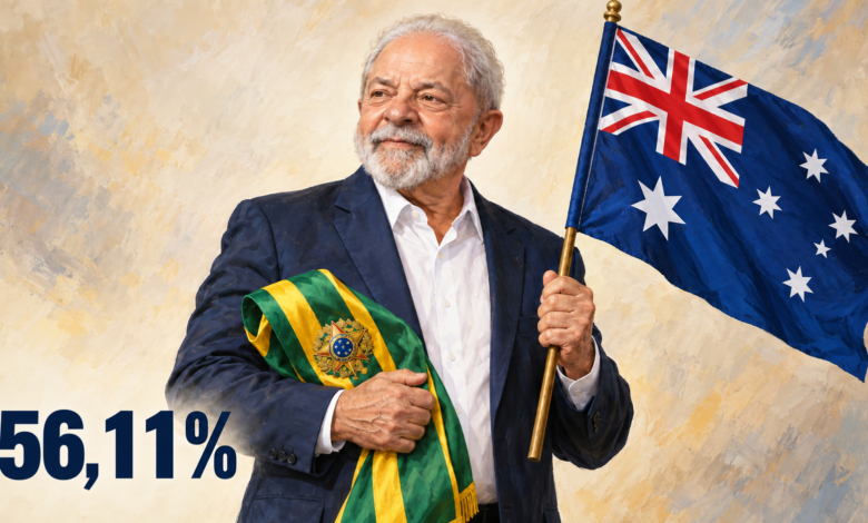 Composição editorial gerada por IA de Lula segurando a faixa presidencial brasileira e a bandeira da Austrália, com 56,11%.