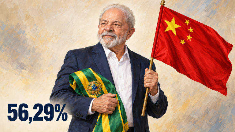 Composição editorial gerada por IA de Lula segurando a faixa presidencial brasileira e a bandeira da China, com 56,29%.