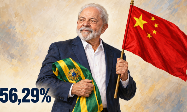 Composição editorial gerada por IA de Lula segurando a faixa presidencial brasileira e a bandeira da China, com 56,29%.