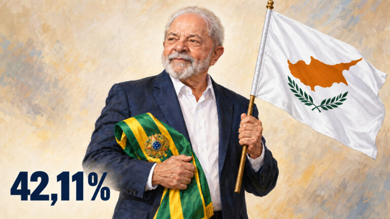 Ilustração editorial gerada por IA de Lula segurando a faixa presidencial brasileira e a bandeira de Chipre, com 42,11%.