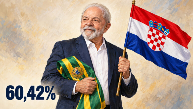 Ilustração editorial gerada por IA de Lula com a faixa presidencial e a bandeira da Croácia; 60,42% dos votos válidos.