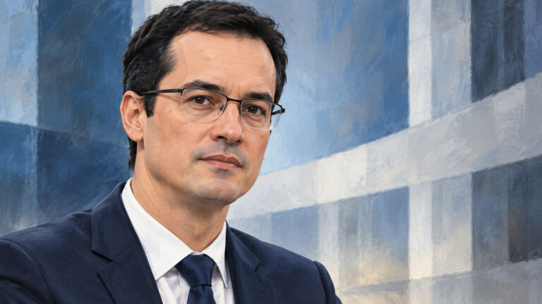 Retrato editorial de Deltan Dallagnol gerado por IA, com fundo abstrato.