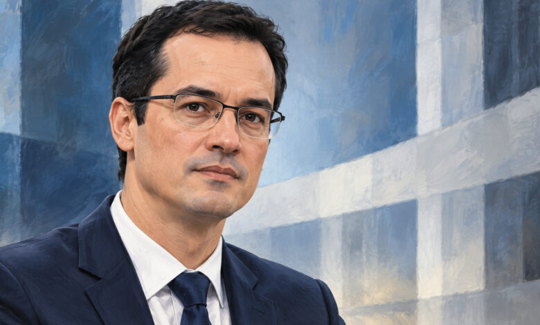 Retrato editorial de Deltan Dallagnol gerado por IA, com fundo abstrato.