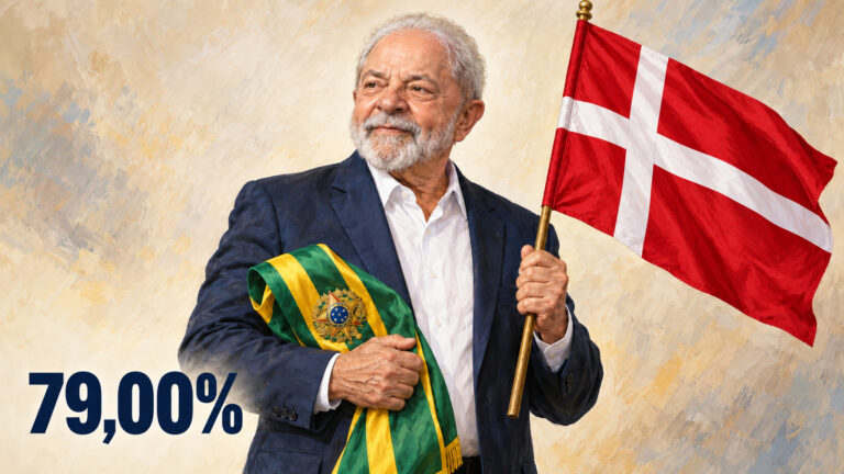 Ilustração editorial gerada por IA de Lula segurando a faixa presidencial brasileira e a bandeira da Dinamarca, com 79,00%.