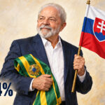 Ilustração editorial gerada por IA de Lula com a faixa presidencial e a bandeira da Eslováquia; 60,34% dos votos válidos.