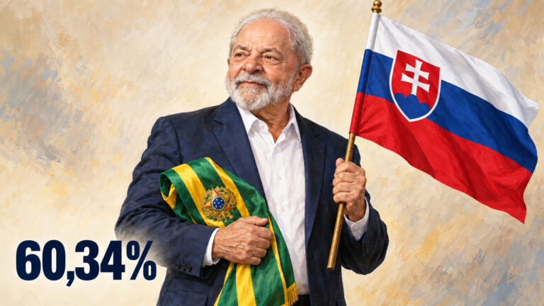 Ilustração editorial gerada por IA de Lula com a faixa presidencial e a bandeira da Eslováquia; 60,34% dos votos válidos.