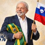Ilustração editorial gerada por IA de Lula com a faixa presidencial e a bandeira da Eslovênia; 62,24% dos votos válidos.