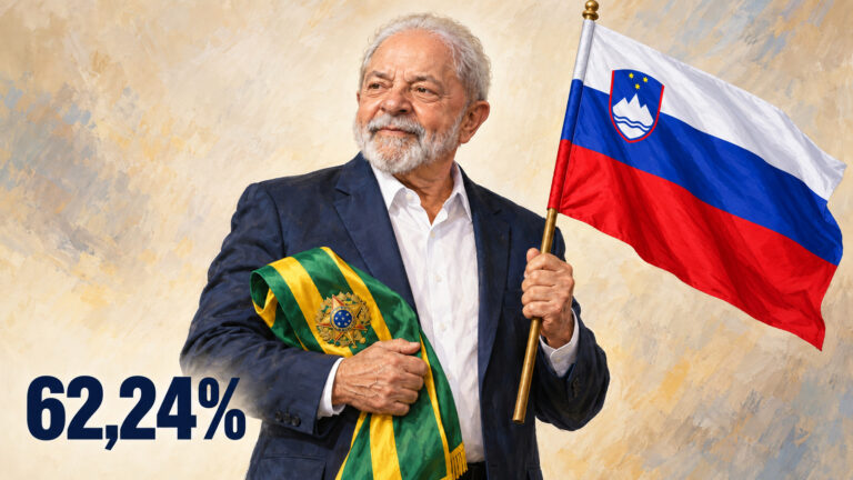 Ilustração editorial gerada por IA de Lula com a faixa presidencial e a bandeira da Eslovênia; 62,24% dos votos válidos.