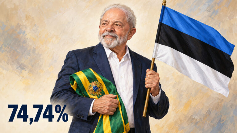 Ilustração editorial gerada por IA de Lula segurando a faixa presidencial brasileira e a bandeira da Estônia, com 74,74%.