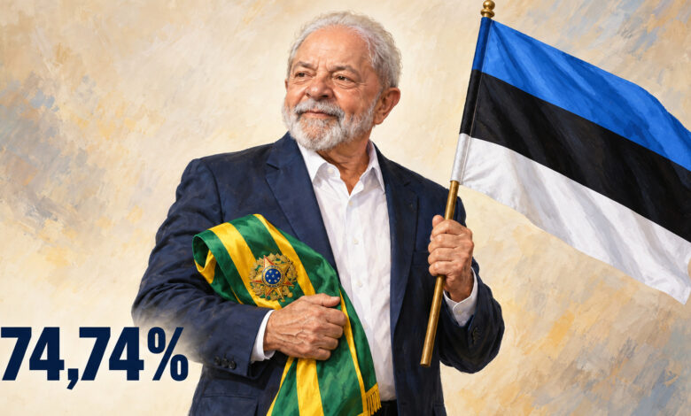 Ilustração editorial gerada por IA de Lula segurando a faixa presidencial brasileira e a bandeira da Estônia, com 74,74%.