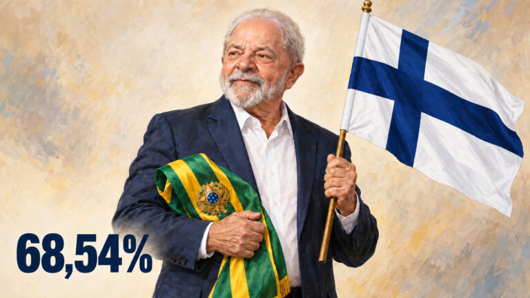Ilustração editorial gerada por IA de Lula segurando a faixa presidencial brasileira e a bandeira da Finlândia, com 68,54%.