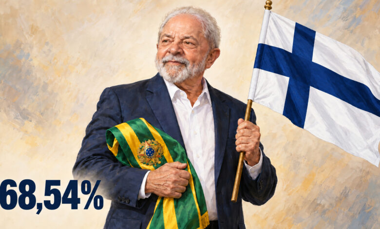 Ilustração editorial gerada por IA de Lula segurando a faixa presidencial brasileira e a bandeira da Finlândia, com 68,54%.