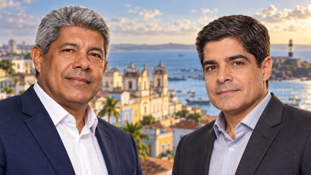 Composição editorial gerada por IA com retratos de Jerônimo Rodrigues e ACM Neto diante de paisagem de Salvador.