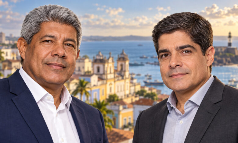 Composição editorial gerada por IA com retratos de Jerônimo Rodrigues e ACM Neto diante de paisagem de Salvador.