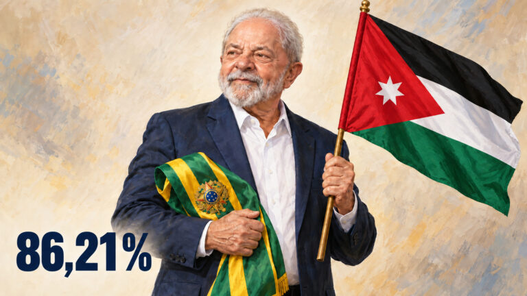 Ilustração editorial gerada por IA de Lula segurando a faixa presidencial brasileira e a bandeira da Jordânia, com 86,21%.