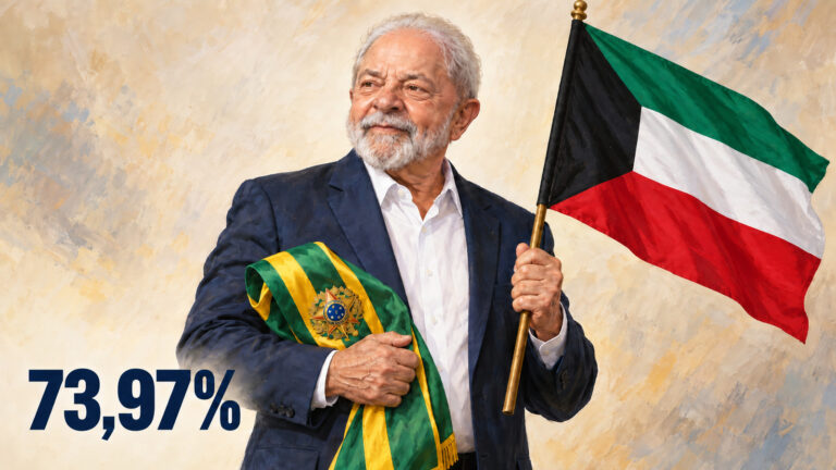Ilustração editorial gerada por IA de Lula segurando a faixa presidencial brasileira e a bandeira do Kuwait, com 73,97%.