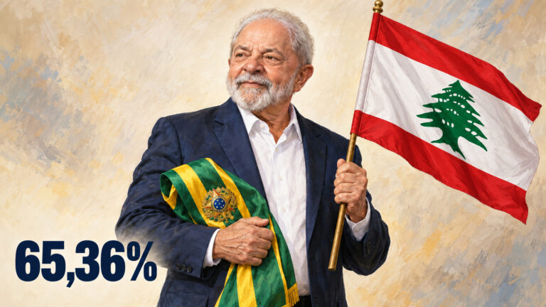 Ilustração editorial gerada por IA de Lula segurando a faixa presidencial brasileira e a bandeira do Líbano, com 65,36%.