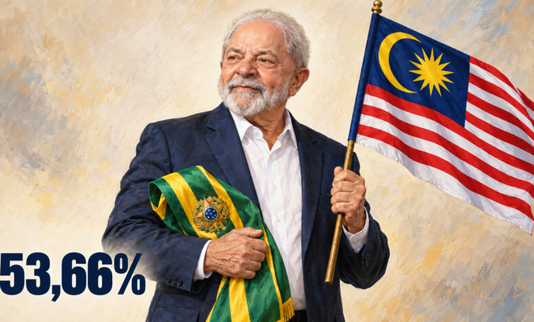 Composição editorial gerada por IA de Lula segurando a faixa presidencial brasileira e a bandeira da Malásia, com 53,66%.