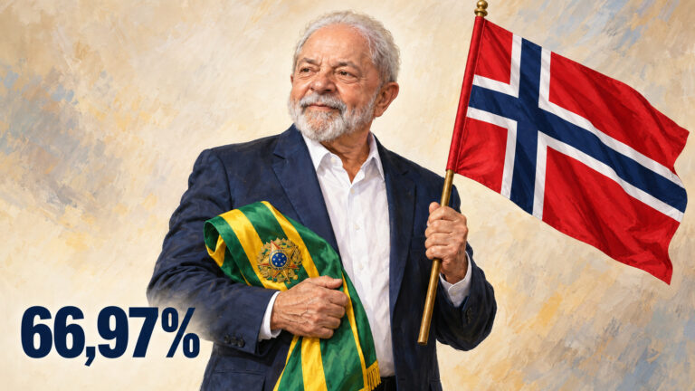 Ilustração de Lula com a faixa presidencial e a bandeira da Noruega; 66,97% dos votos válidos.