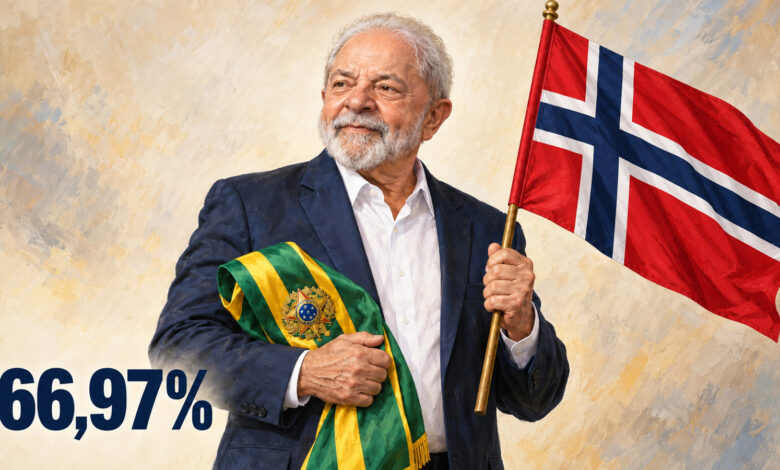 Ilustração de Lula com a faixa presidencial e a bandeira da Noruega; 66,97% dos votos válidos.