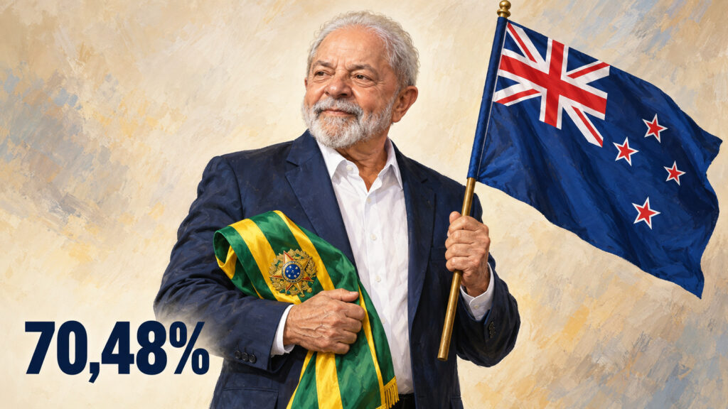 Ilustração editorial de Lula segurando a faixa presidencial brasileira e a bandeira da Nova Zelândia, com 70,48%.