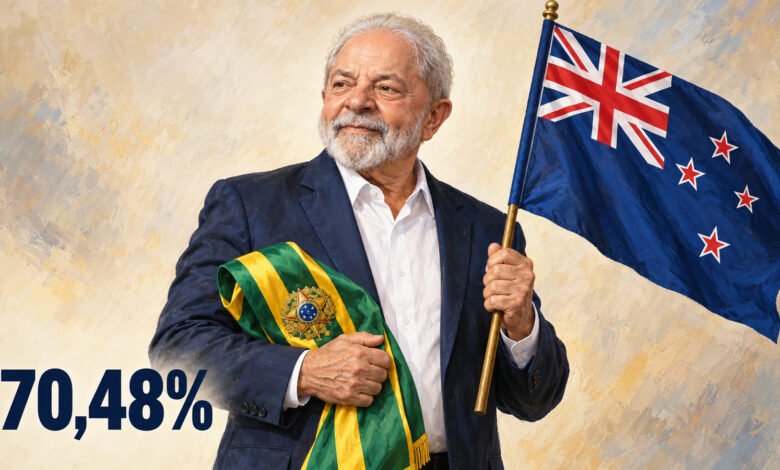 Ilustração editorial de Lula segurando a faixa presidencial brasileira e a bandeira da Nova Zelândia, com 70,48%.
