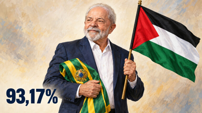 Ilustração editorial gerada por IA de Lula segurando a faixa presidencial brasileira e a bandeira da Palestina, com 93,17%.