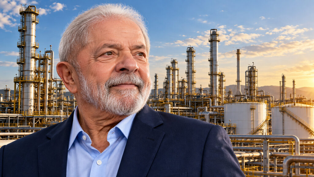 Ilustração original gerada por IA de Lula diante de uma instalação industrial, sem letras ou marcas; a composição não representa uma visita real.