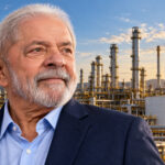 Ilustração original gerada por IA de Lula diante de uma instalação industrial, sem letras ou marcas; a composição não representa uma visita real.