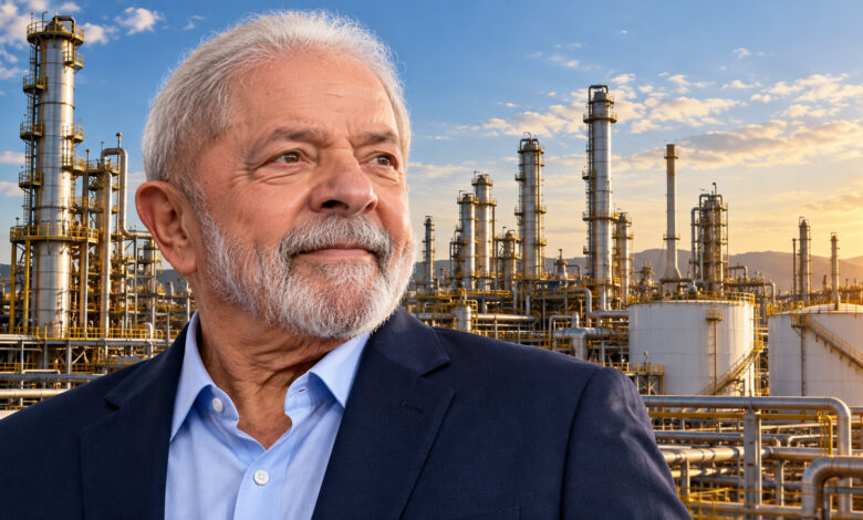 Ilustração original gerada por IA de Lula diante de uma instalação industrial, sem letras ou marcas; a composição não representa uma visita real.