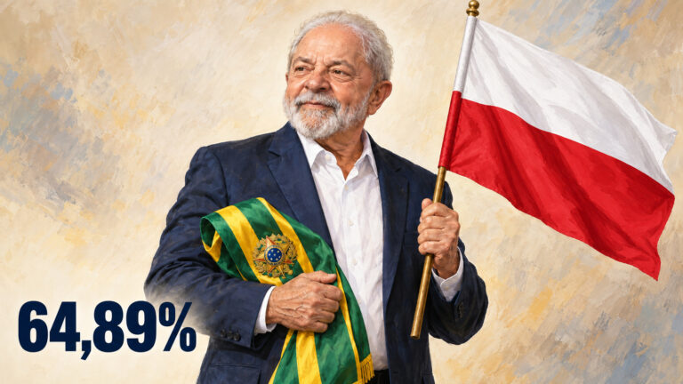 Ilustração editorial gerada por IA de Lula com a faixa presidencial e a bandeira da Polônia; 64,89% dos votos válidos.