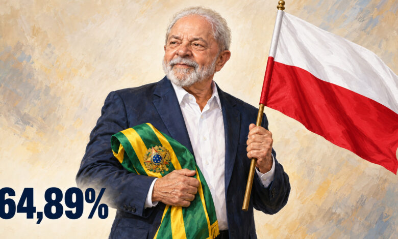 Ilustração editorial gerada por IA de Lula com a faixa presidencial e a bandeira da Polônia; 64,89% dos votos válidos.