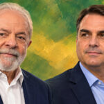 Composição editorial gerada por IA com retratos de Lula e Flávio Bolsonaro, em fundo verde e amarelo.