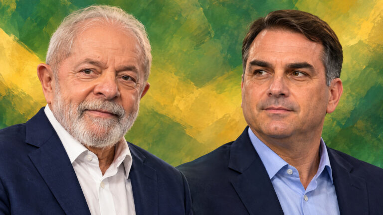Composição editorial gerada por IA com retratos de Lula e Flávio Bolsonaro, em fundo verde e amarelo.