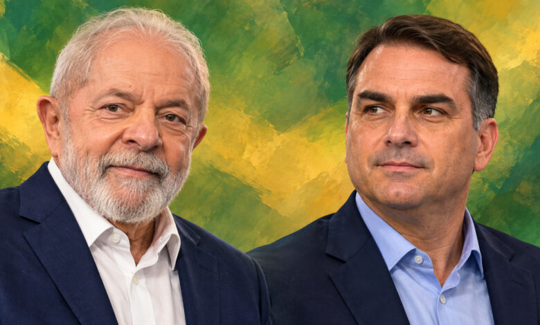Composição editorial gerada por IA com retratos de Lula e Flávio Bolsonaro, em fundo verde e amarelo.
