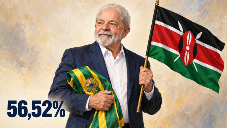 Ilustração editorial gerada por IA de Lula segurando a faixa presidencial brasileira e a bandeira do Quênia, com 56,52%.