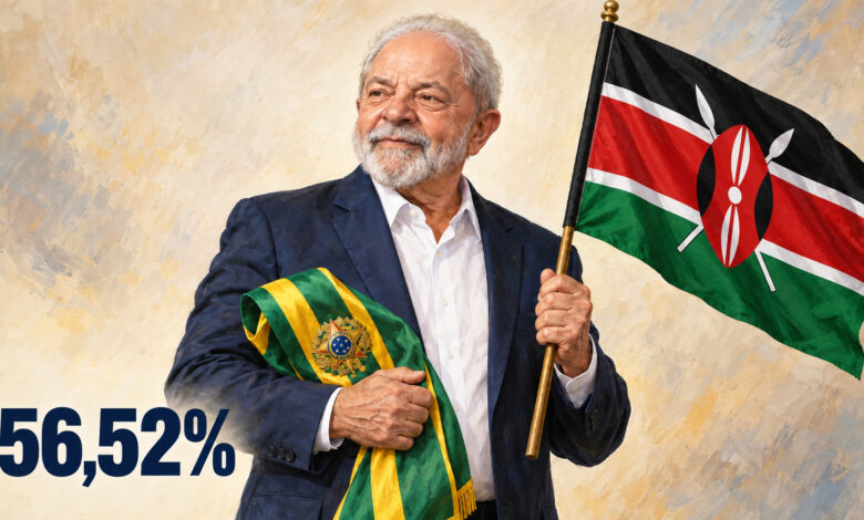 Ilustração editorial gerada por IA de Lula segurando a faixa presidencial brasileira e a bandeira do Quênia, com 56,52%.
