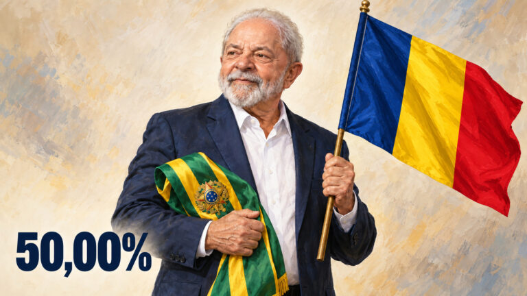Ilustração editorial gerada por IA de Lula com a faixa presidencial e a bandeira da Romênia; 50,00% dos votos válidos.