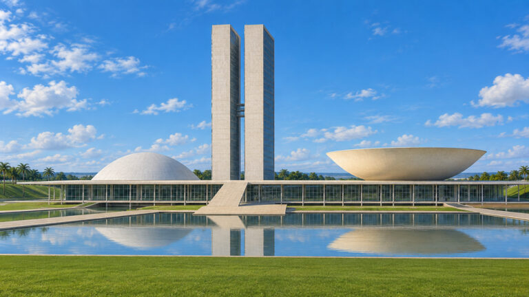 Ilustração editorial gerada por IA da arquitetura do Congresso Nacional, em Brasília.