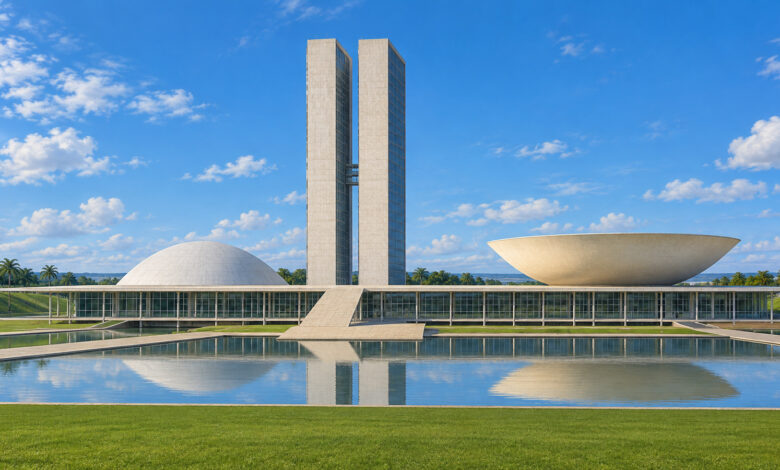 Ilustração editorial gerada por IA da arquitetura do Congresso Nacional, em Brasília.