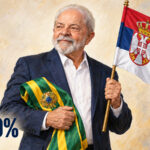 Ilustração editorial gerada por IA de Lula com a faixa presidencial e a bandeira da Sérvia; 62,50% dos votos válidos.