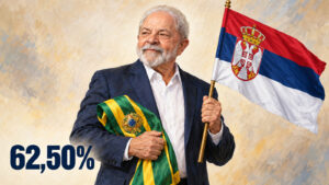 Ilustração editorial gerada por IA de Lula com a faixa presidencial e a bandeira da Sérvia; 62,50% dos votos válidos.