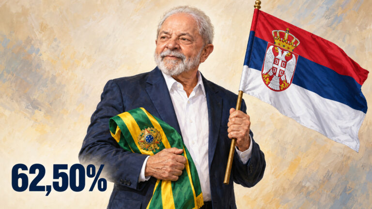 Ilustração editorial gerada por IA de Lula com a faixa presidencial e a bandeira da Sérvia; 62,50% dos votos válidos.