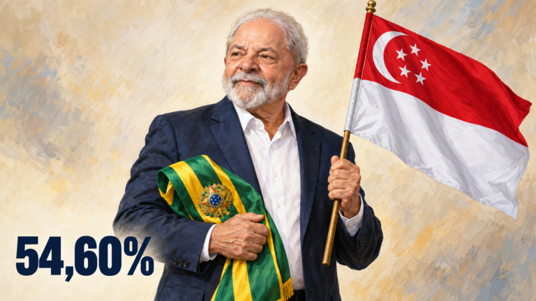 Composição editorial gerada por IA de Lula segurando a faixa presidencial brasileira e a bandeira de Singapura, com 54,60%.